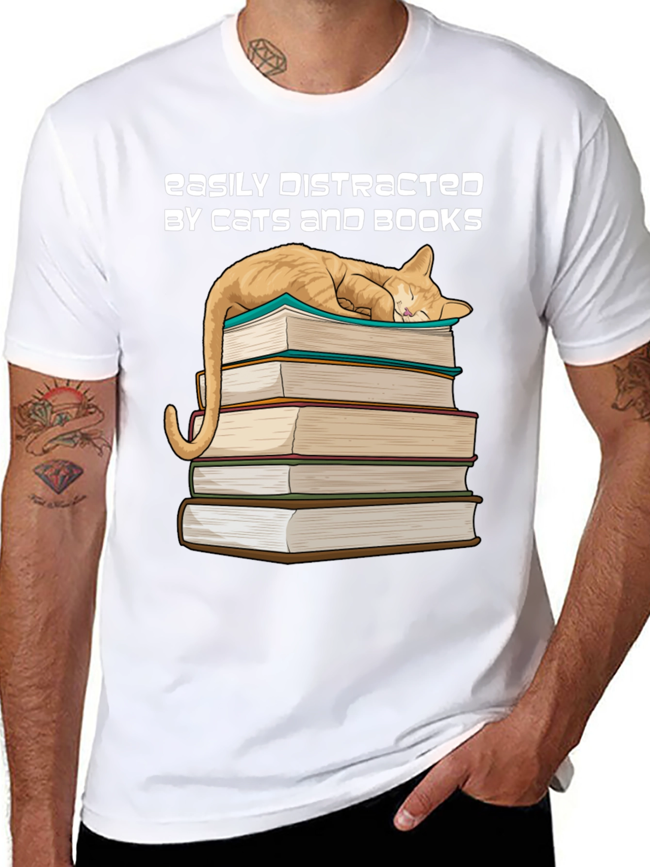 Cat and Books T-Shirt - Easily Distracted Tee