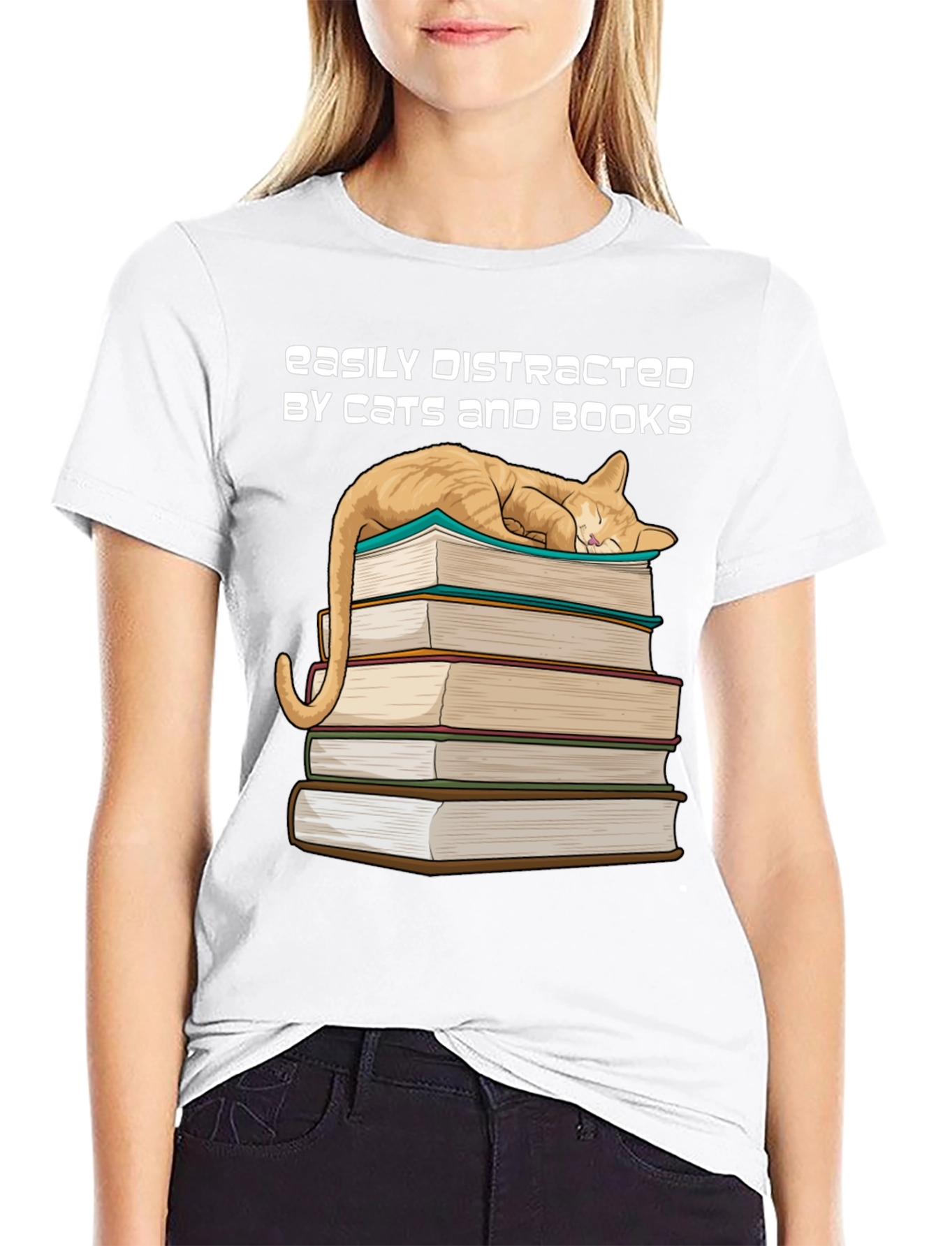 Cat and Books T-Shirt - Easily Distracted Tee