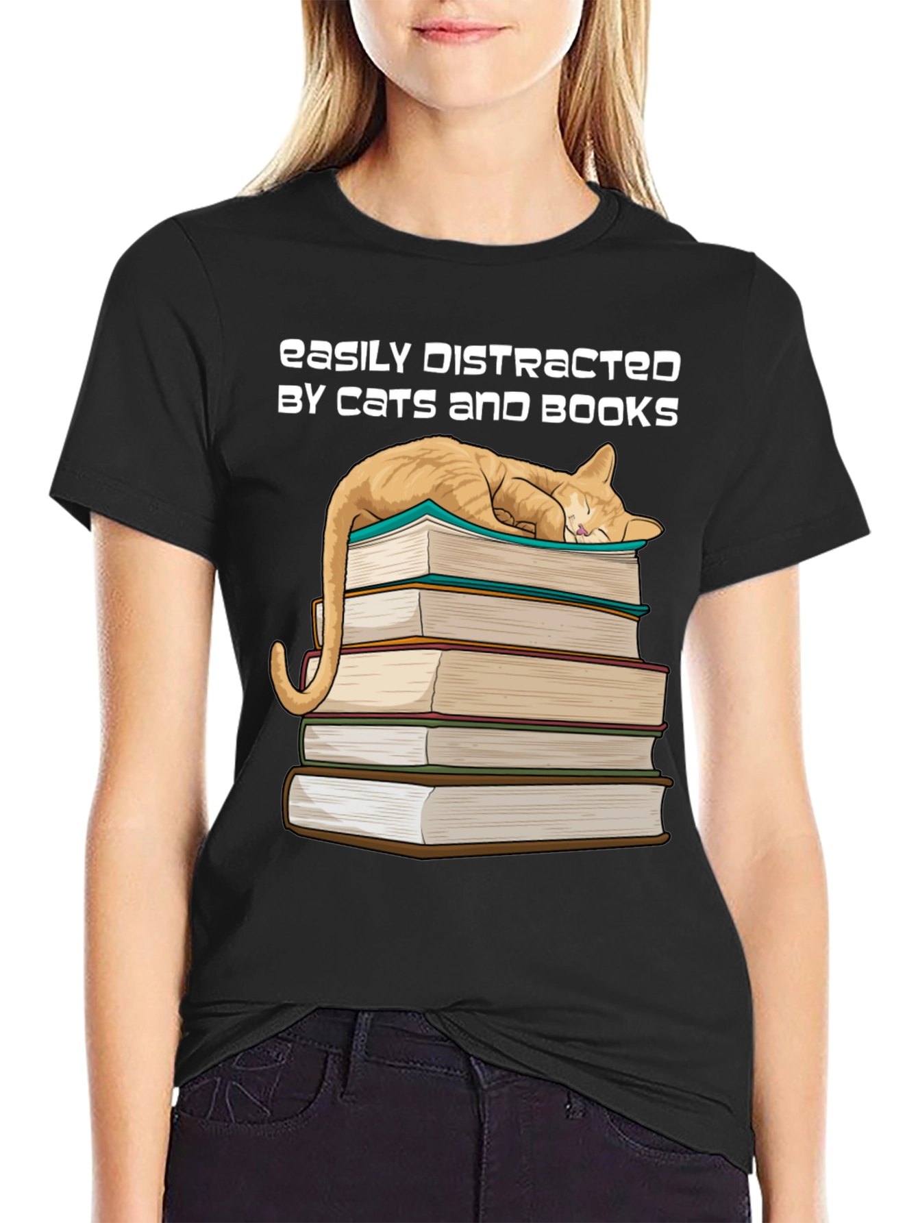 Cat and Books T-Shirt - Easily Distracted Tee