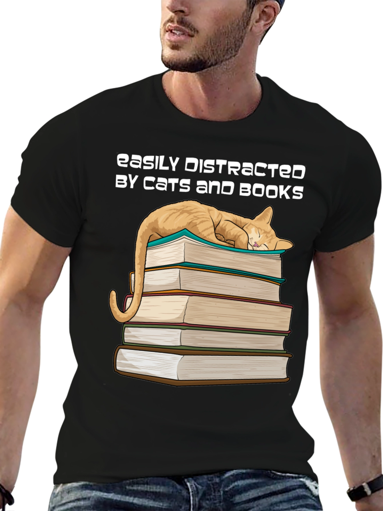 Cat and Books T-Shirt - Easily Distracted Tee