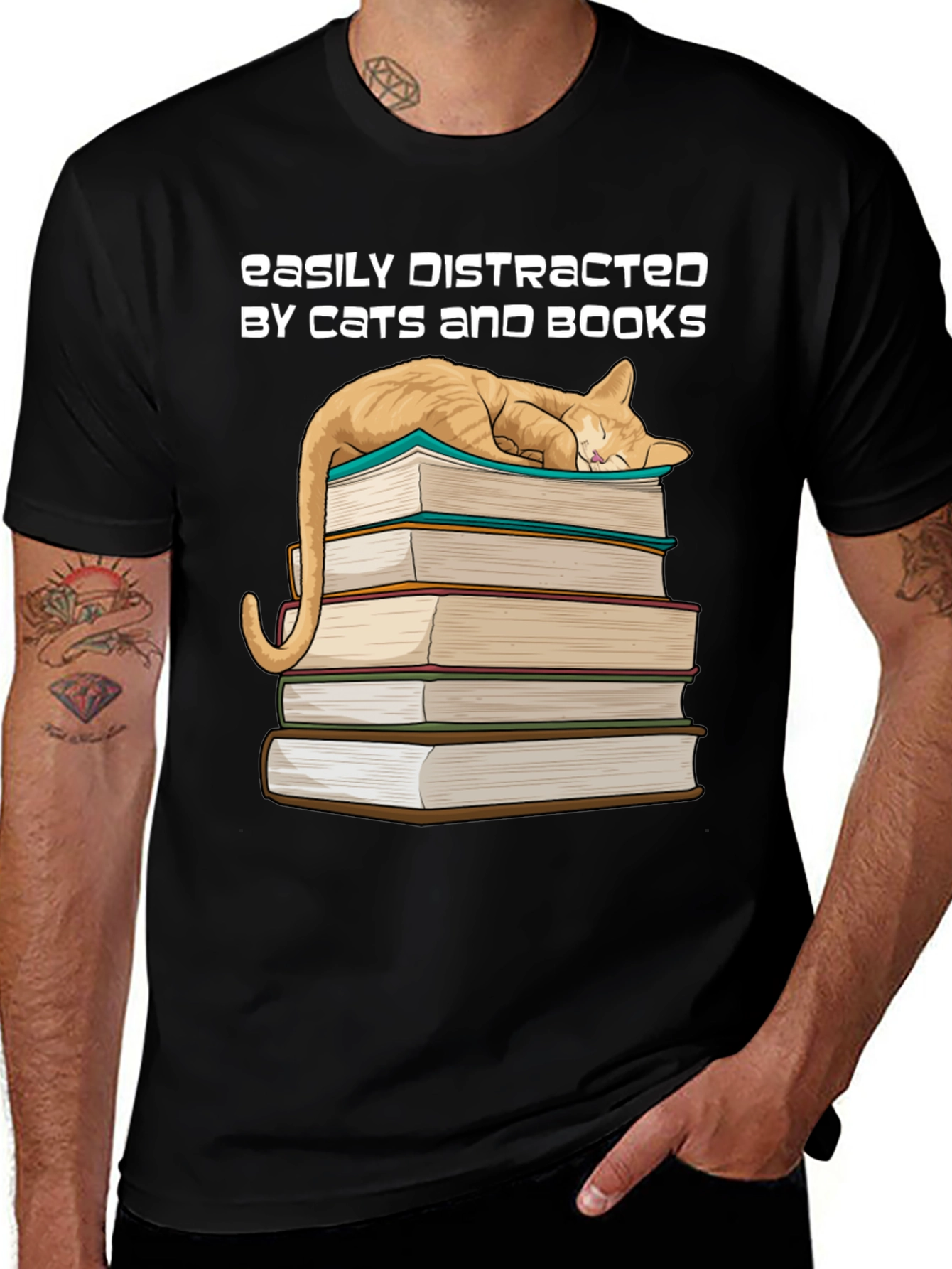 Cat and Books T-Shirt - Easily Distracted Tee