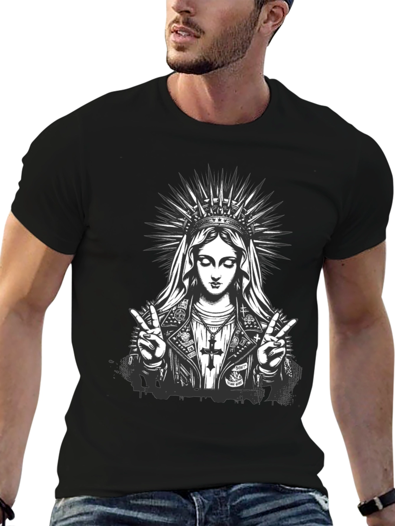 Virgin Mary Rocker Graphic Black T-Shirt