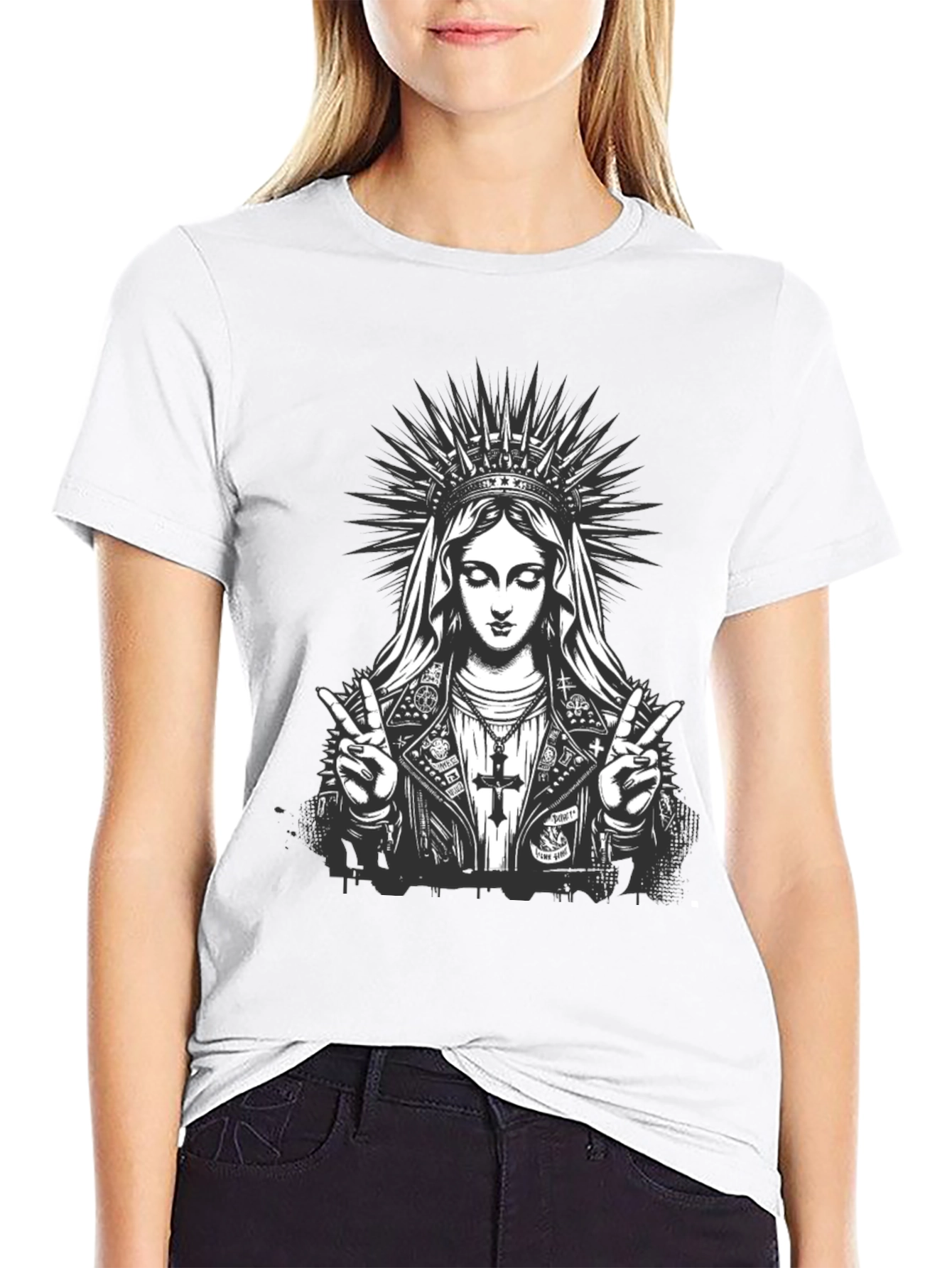 Virgin Mary Rocker Graphic Black T-Shirt