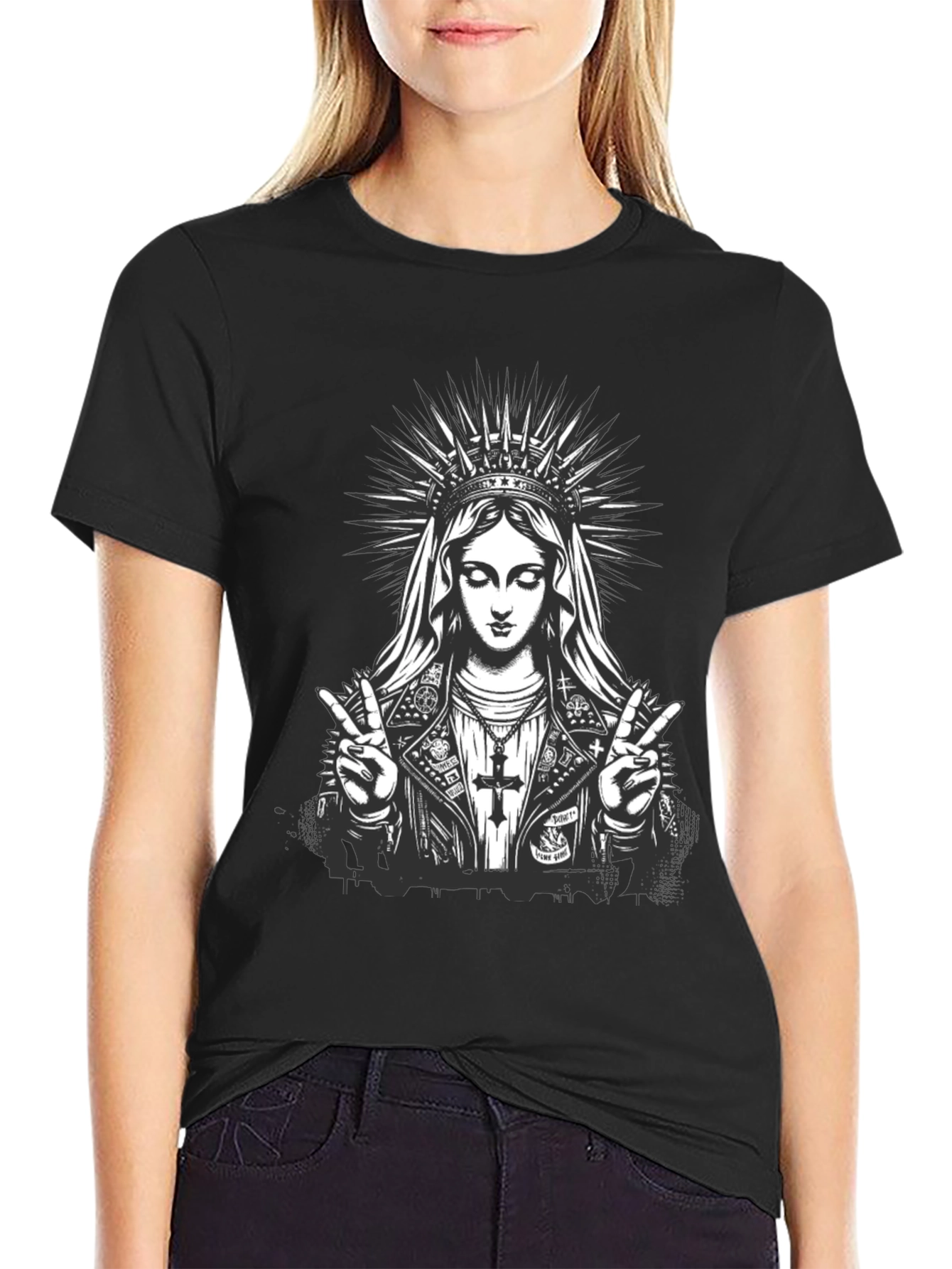 Virgin Mary Rocker Graphic Black T-Shirt