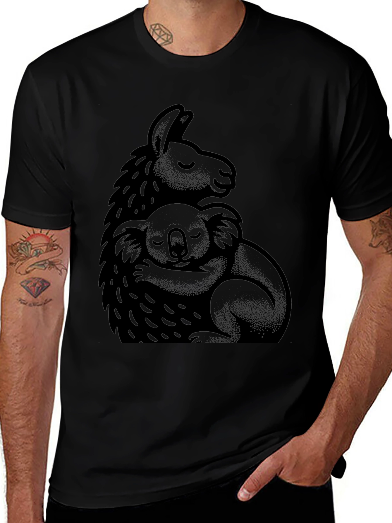 Llama Koala Hug Black T-Shirt