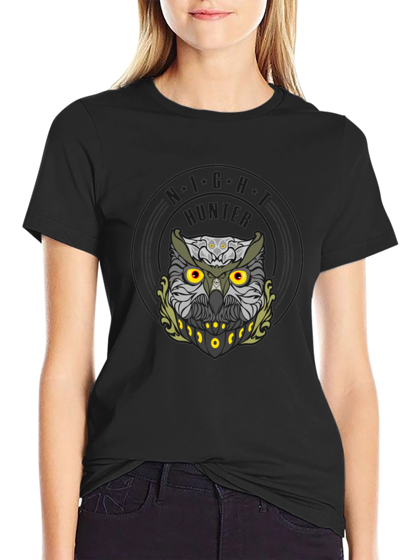 Mens Black Owl Graphic Tee - Night Hunter Design