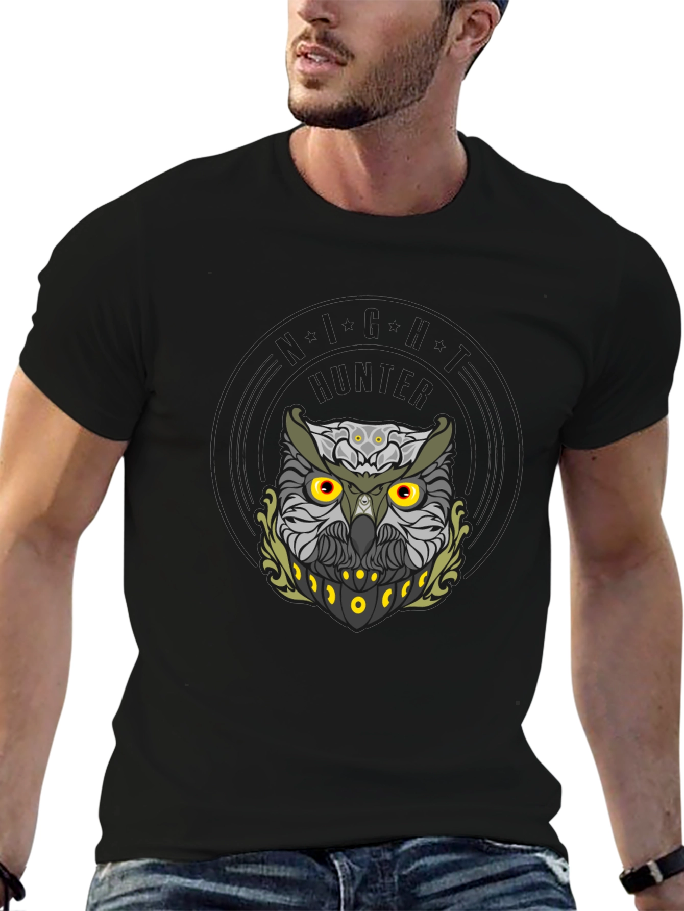 Mens Black Owl Graphic Tee - Night Hunter Design