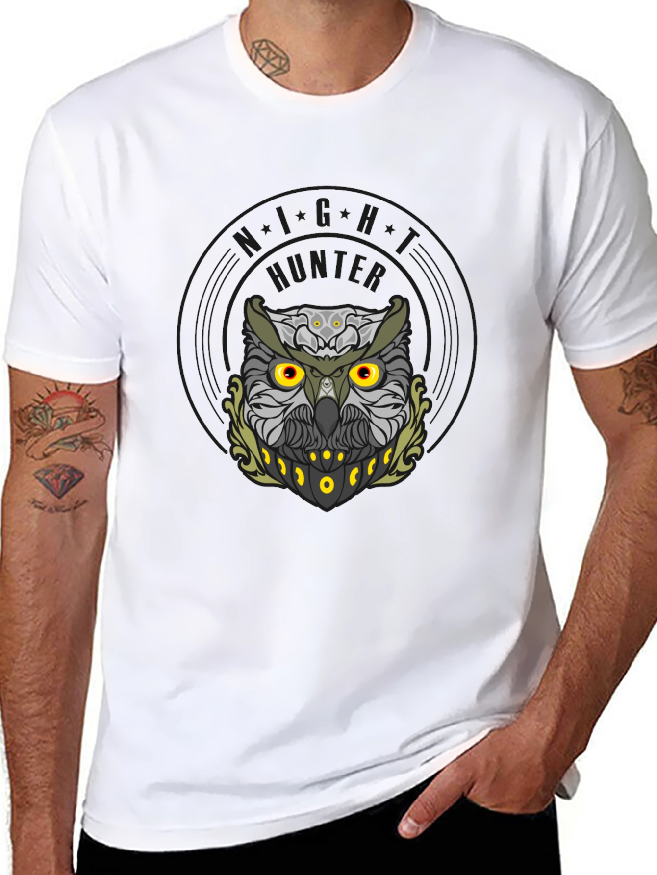 Mens Black Owl Graphic Tee - Night Hunter Design