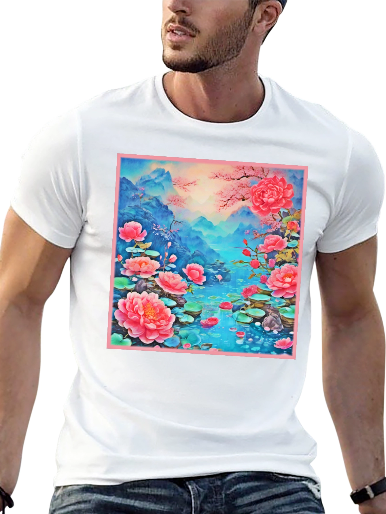 Floral Lotus Lake Graphic Tee - Unique Design