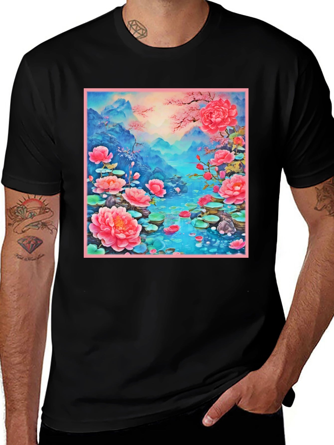 Floral Lotus Lake Graphic Tee - Unique Design