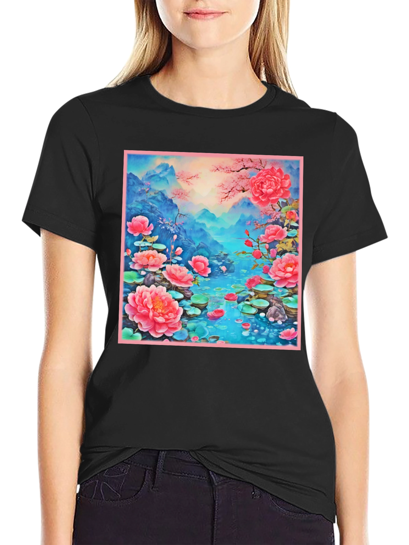 Floral Lotus Lake Graphic Tee - Unique Design
