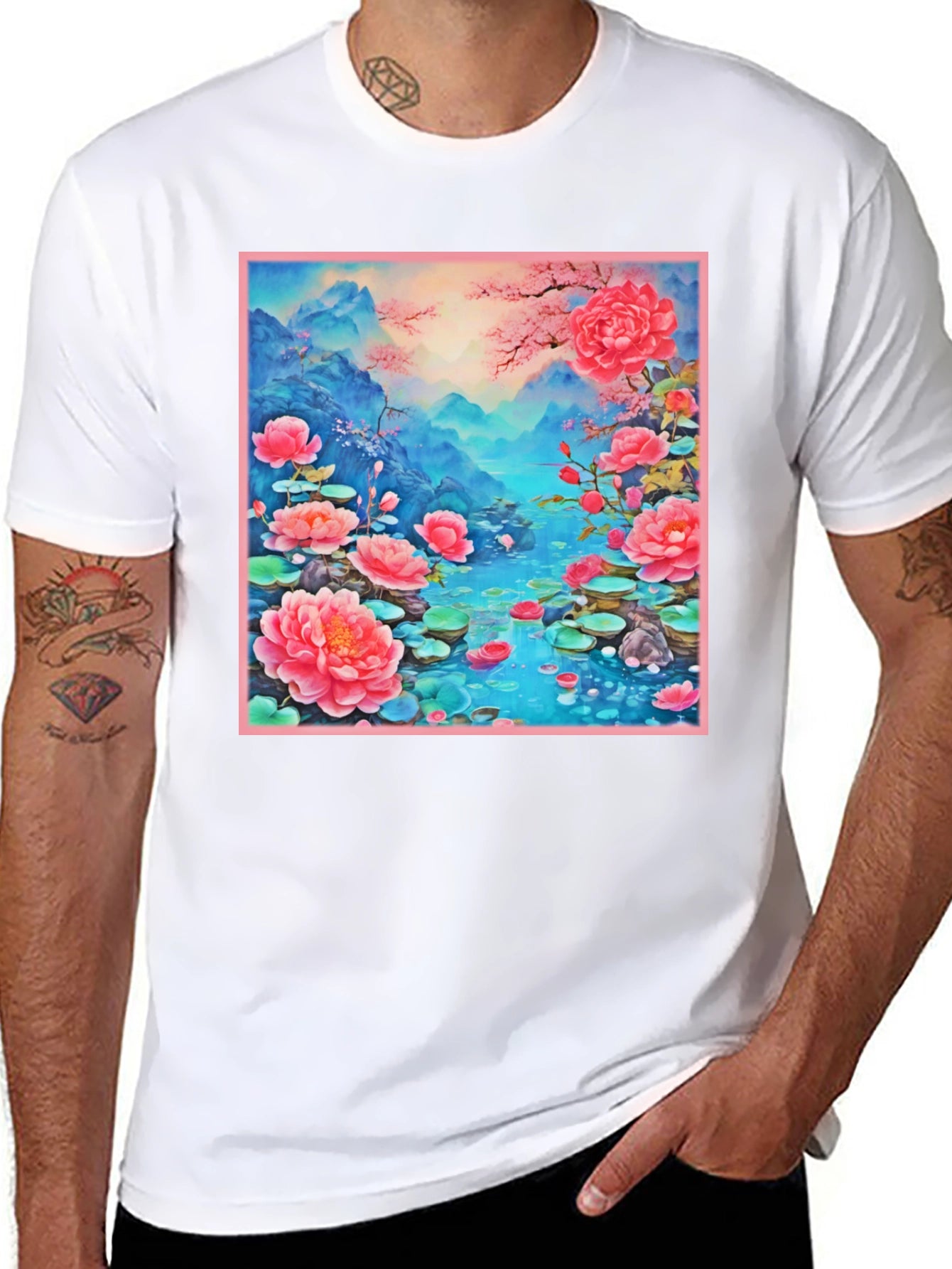 Floral Lotus Lake Graphic Tee - Unique Design