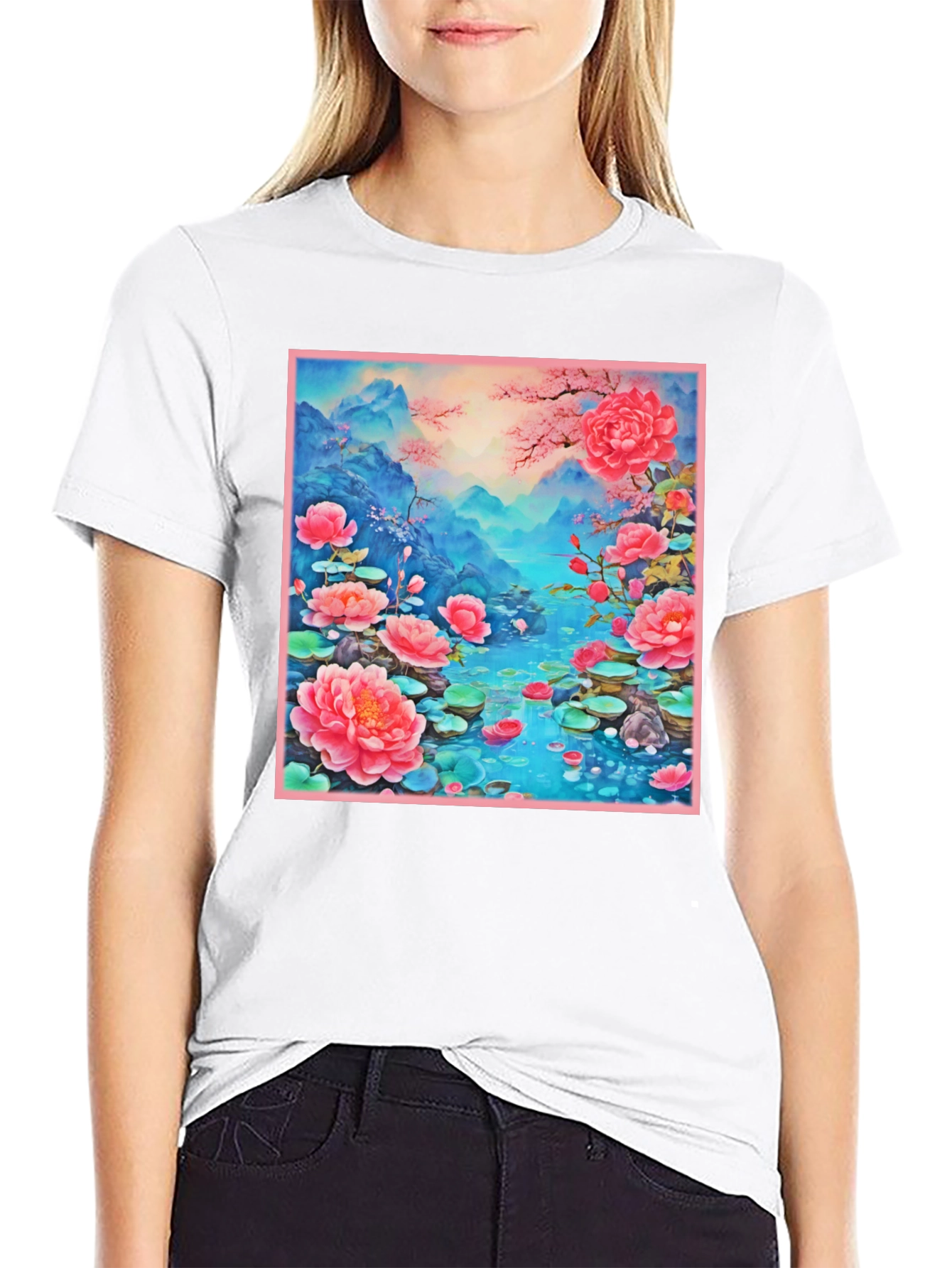 Floral Lotus Lake Graphic Tee - Unique Design