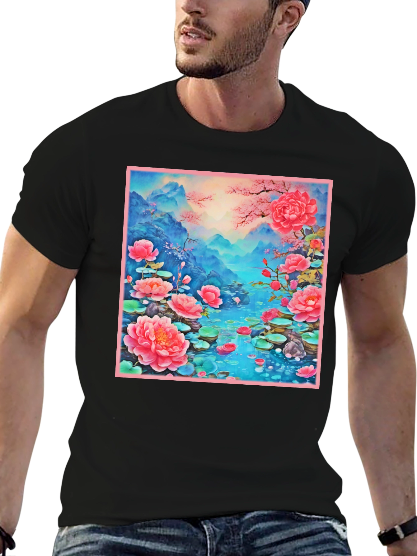 Floral Lotus Lake Graphic Tee - Unique Design