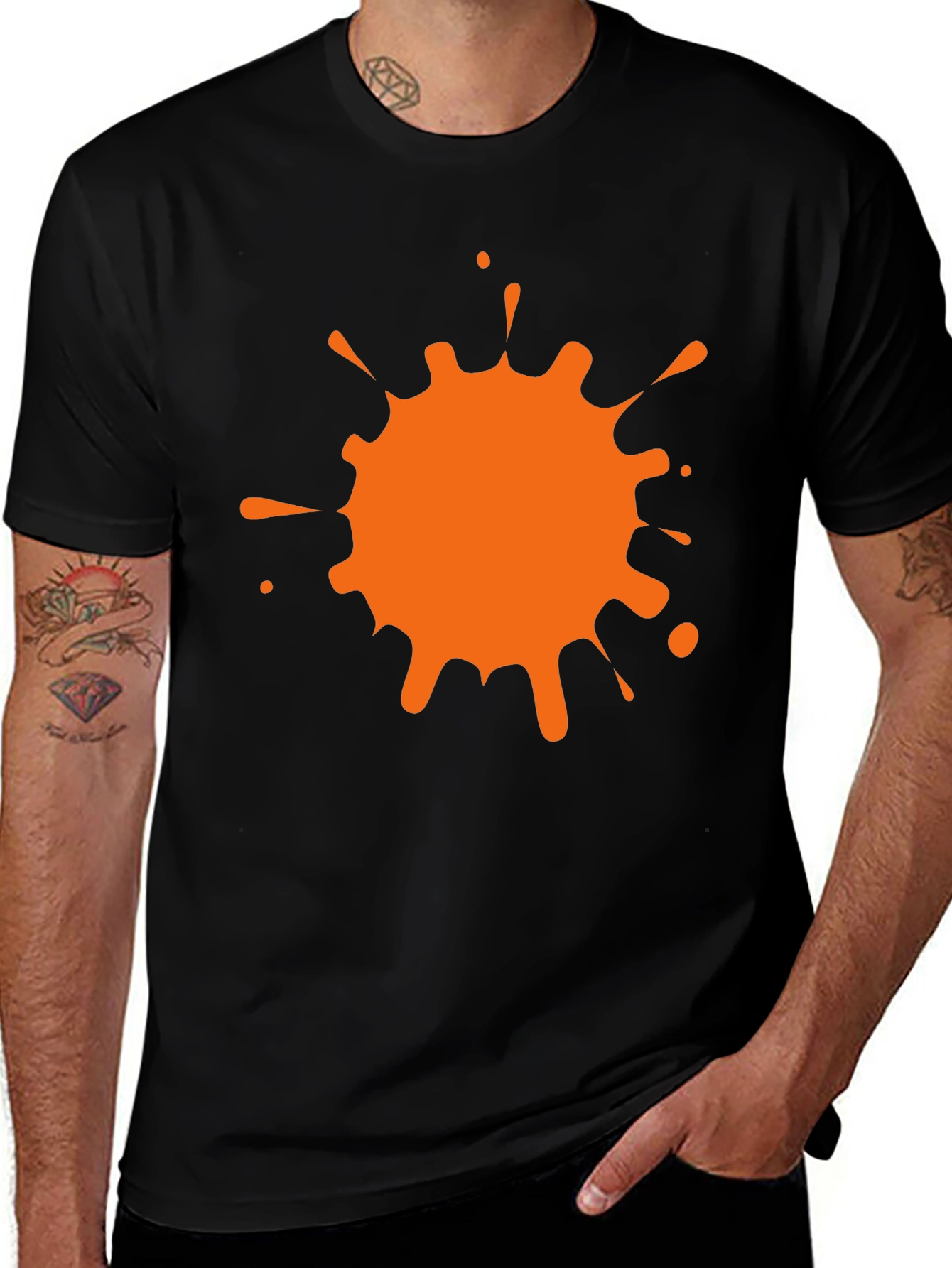 Black T-Shirt with Orange Paint Splatter