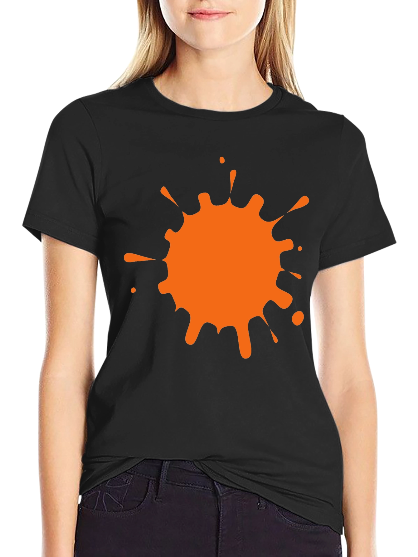 Black T-Shirt with Orange Paint Splatter