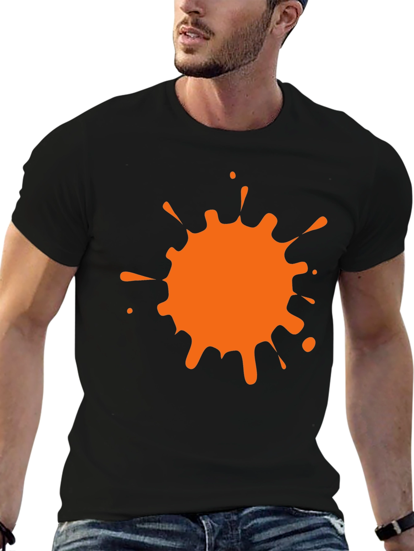 Black T-Shirt with Orange Paint Splatter