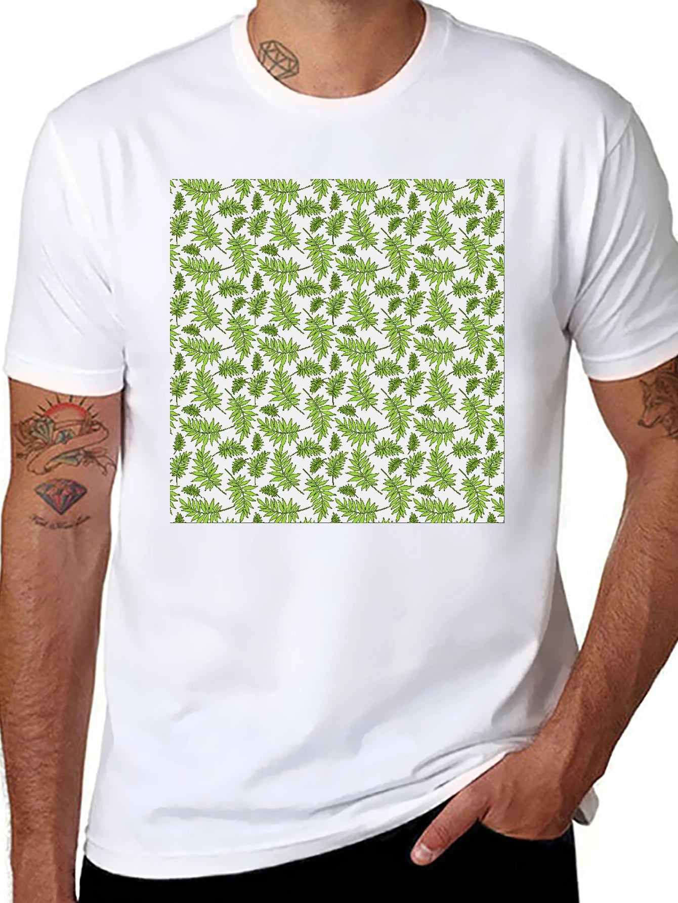 Fern Pattern Print Black Casual Tee