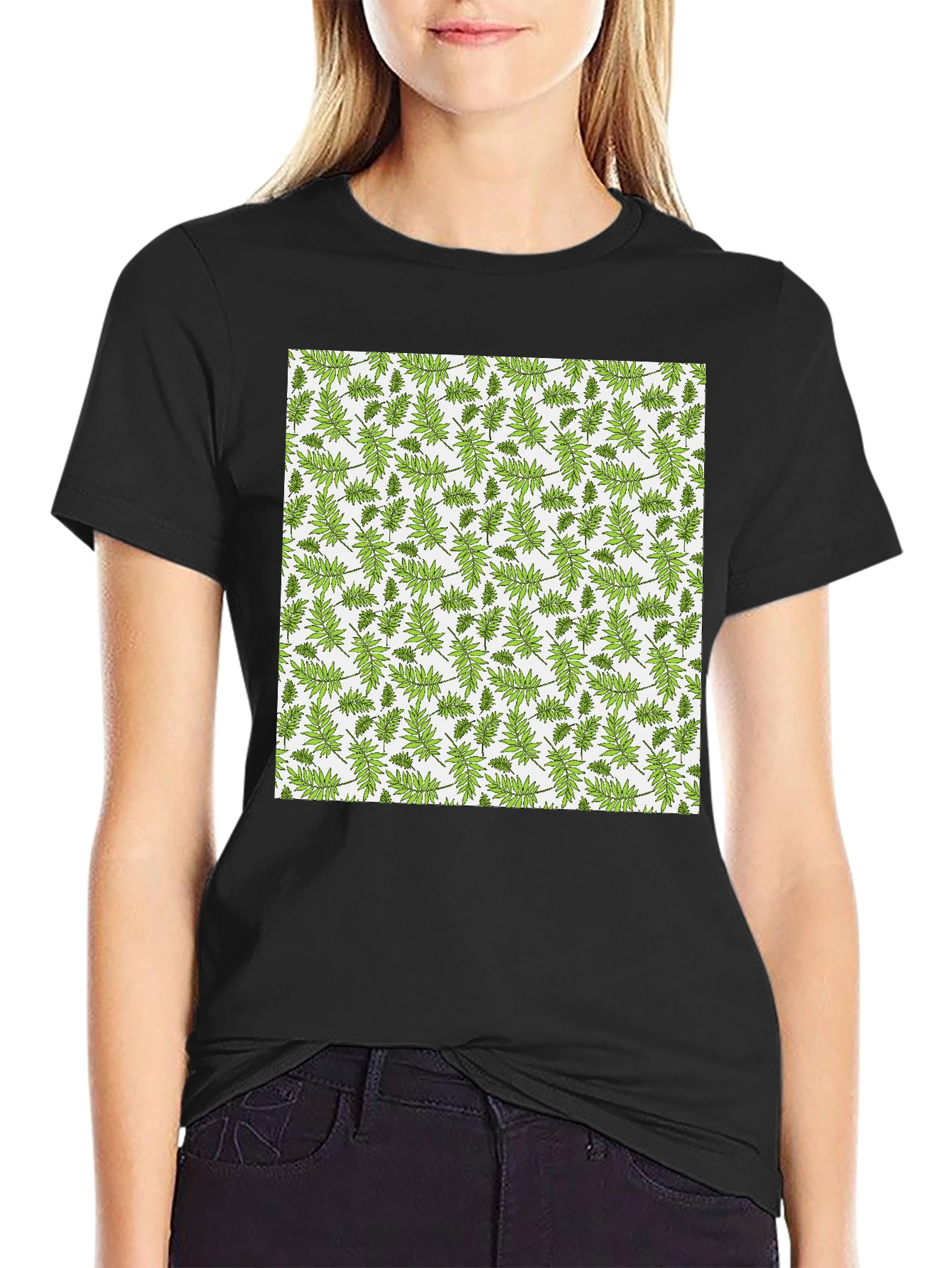 Fern Pattern Print Black Casual Tee