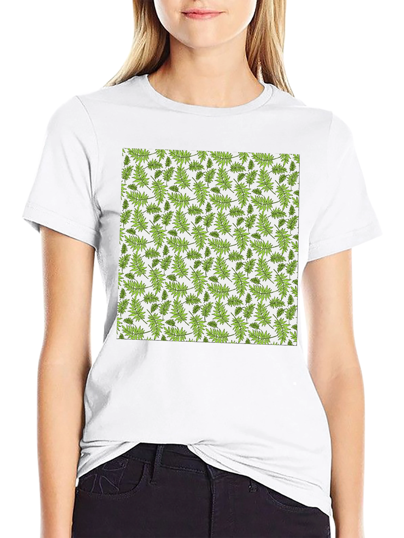 Fern Pattern Print Black Casual Tee