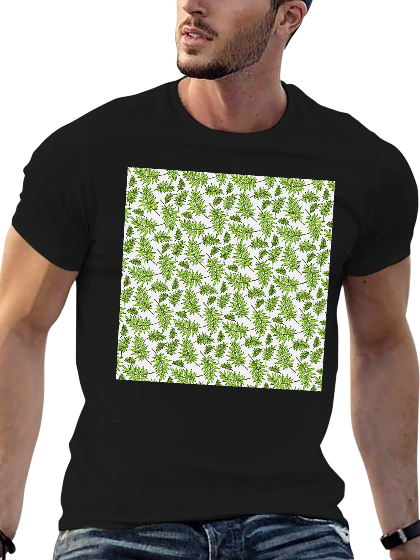 Fern Pattern Print Black Casual Tee