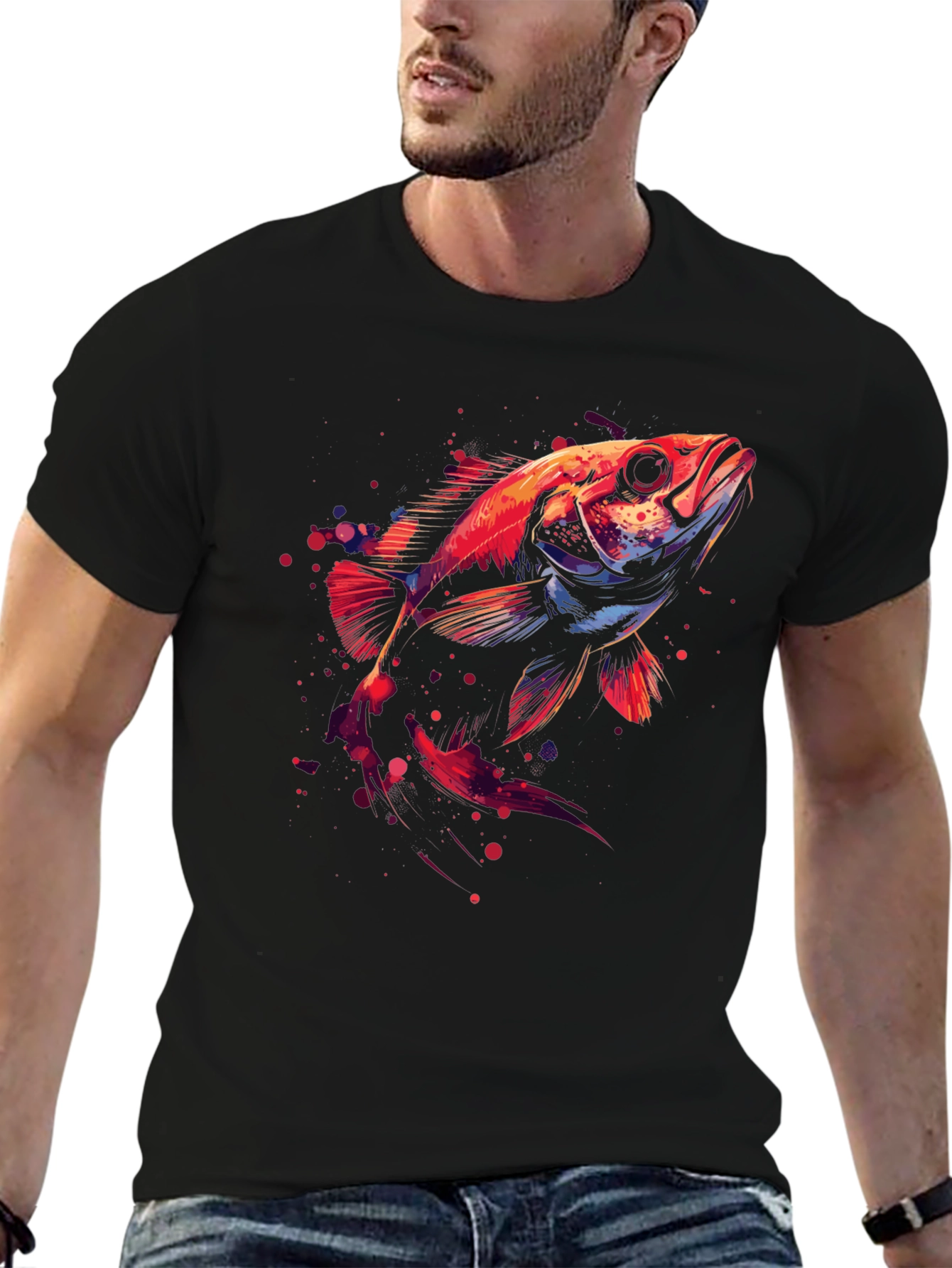 Abstract Fish Graphic Black T-Shirt