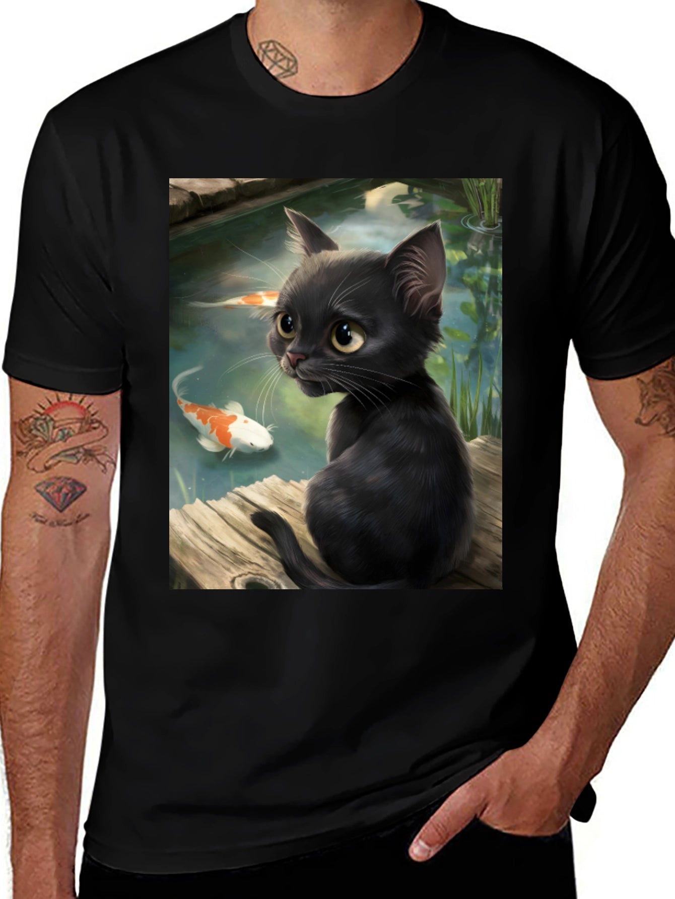 Black Cat & Koi Pond Graphic T-Shirt