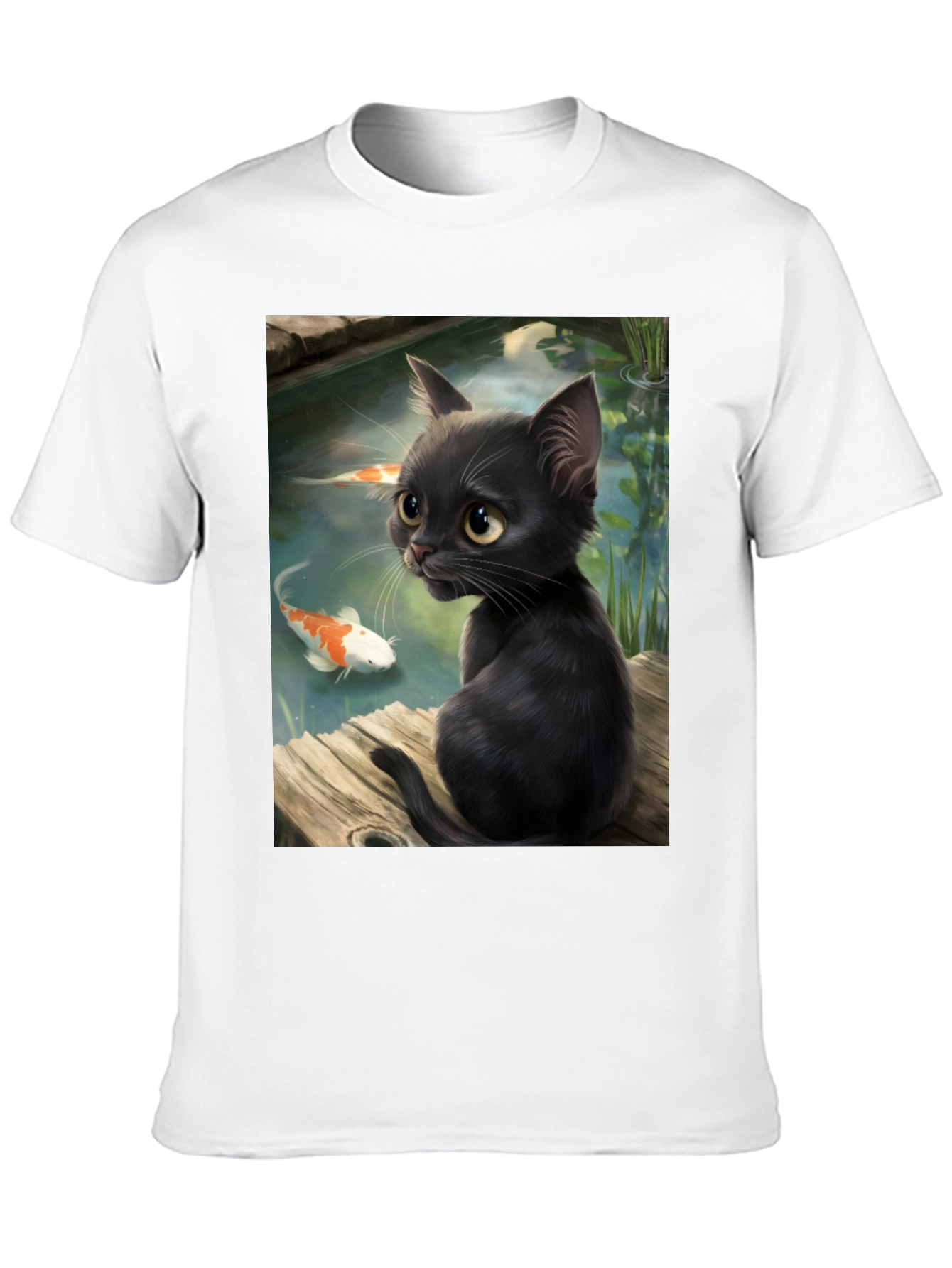 Black Cat & Koi Pond Graphic T-Shirt