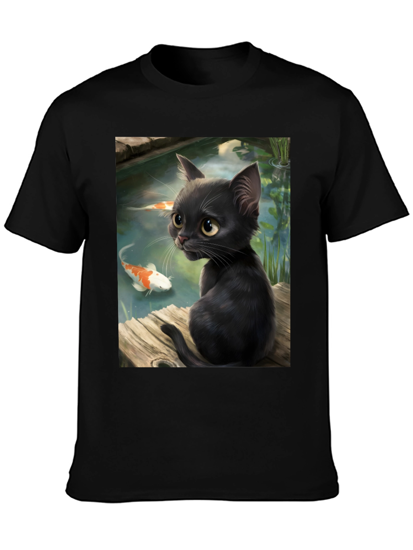 Black Cat & Koi Pond Graphic T-Shirt