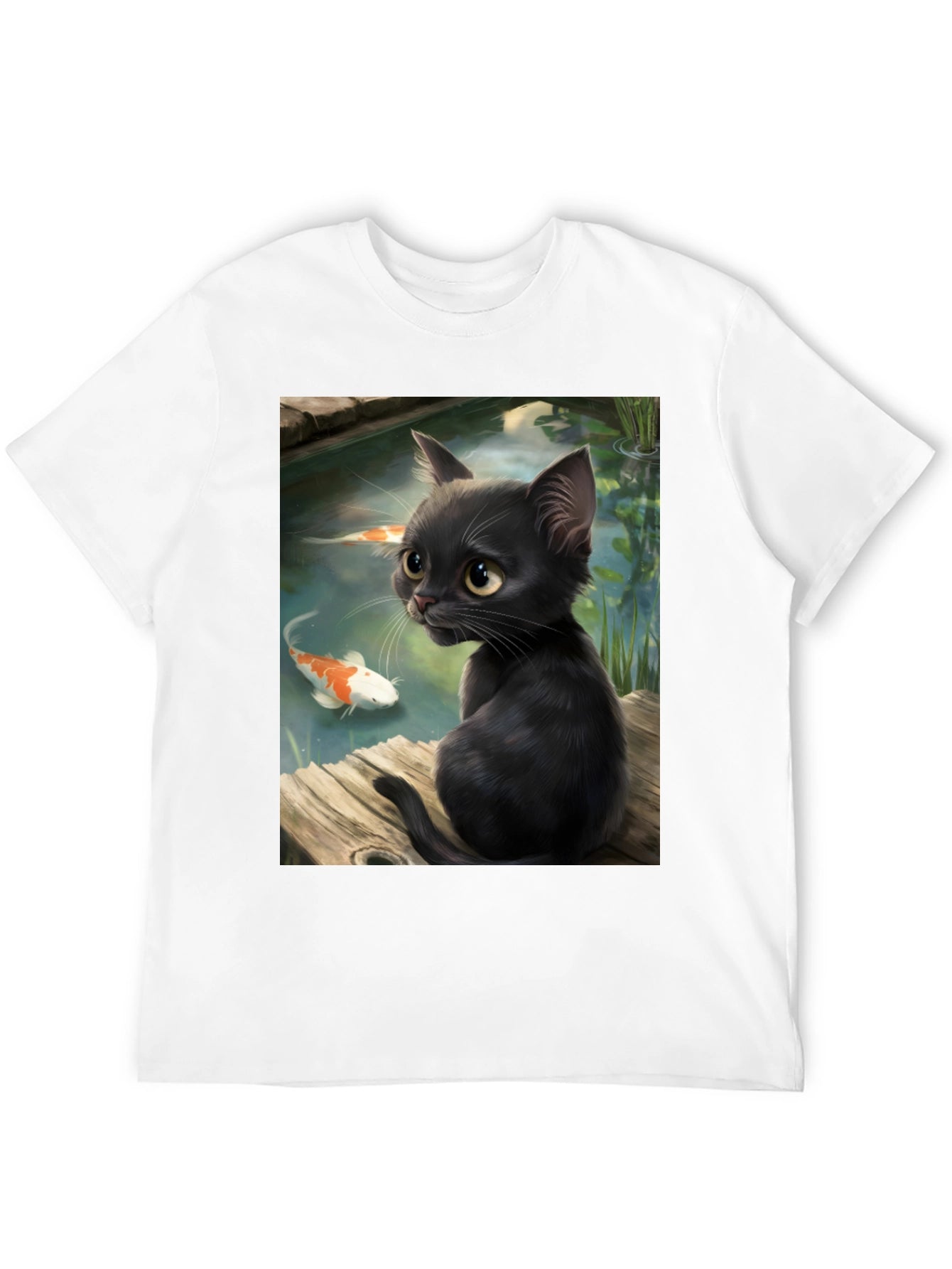 Black Cat & Koi Pond Graphic T-Shirt