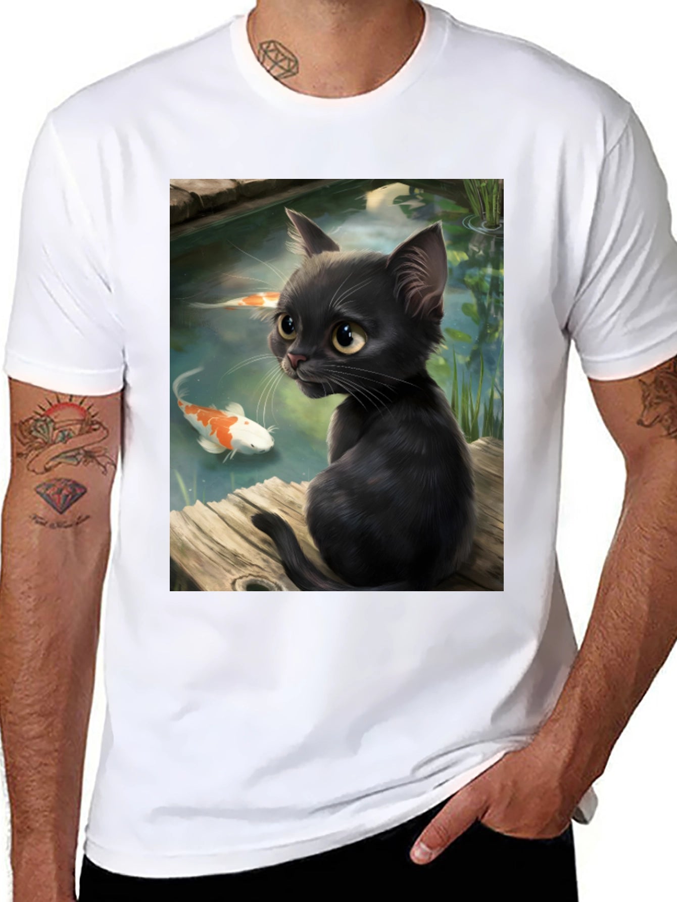 Black Cat & Koi Pond Graphic T-Shirt