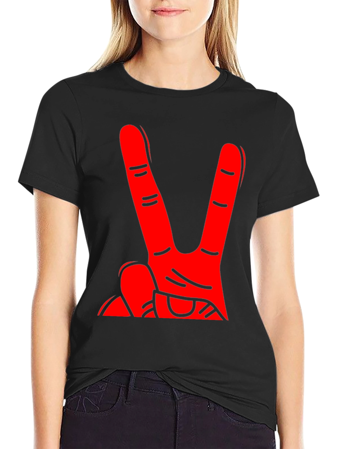 Red Hand Peace Sign Black T-Shirt