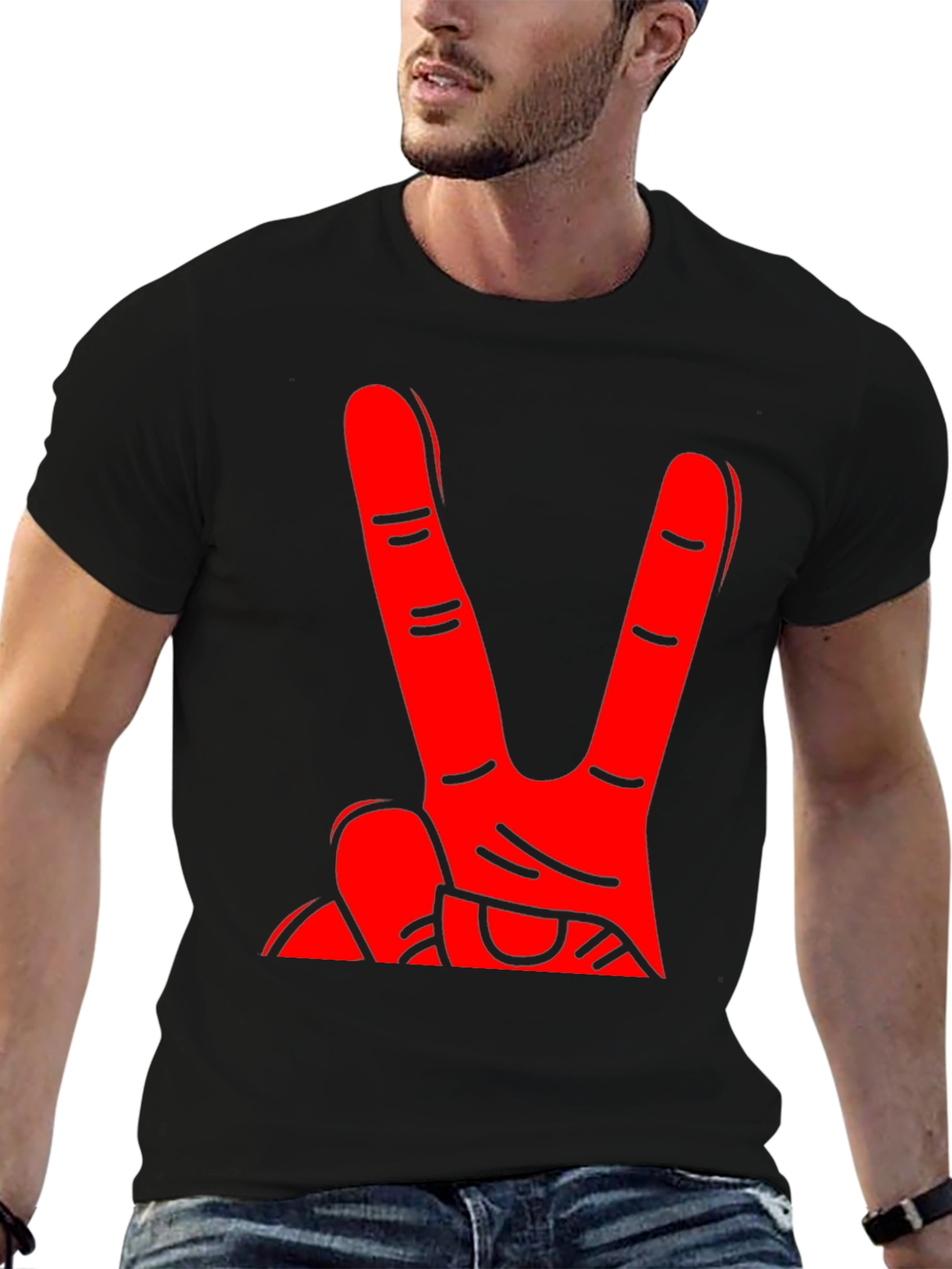 Red Hand Peace Sign Black T-Shirt