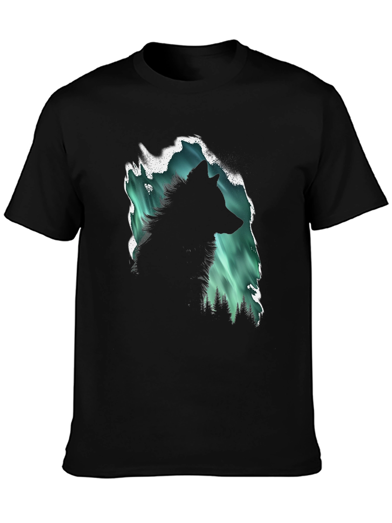 Wolf Aurora Borealis Graphic Black T-Shirt