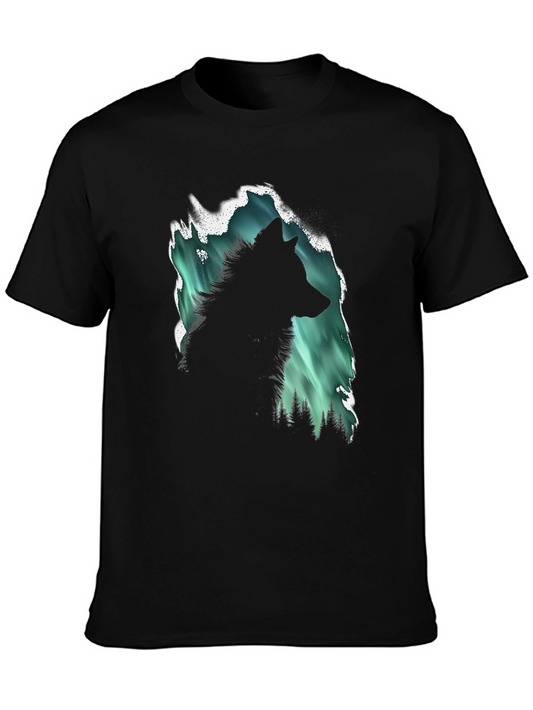 Wolf Aurora Borealis Graphic Black T-Shirt