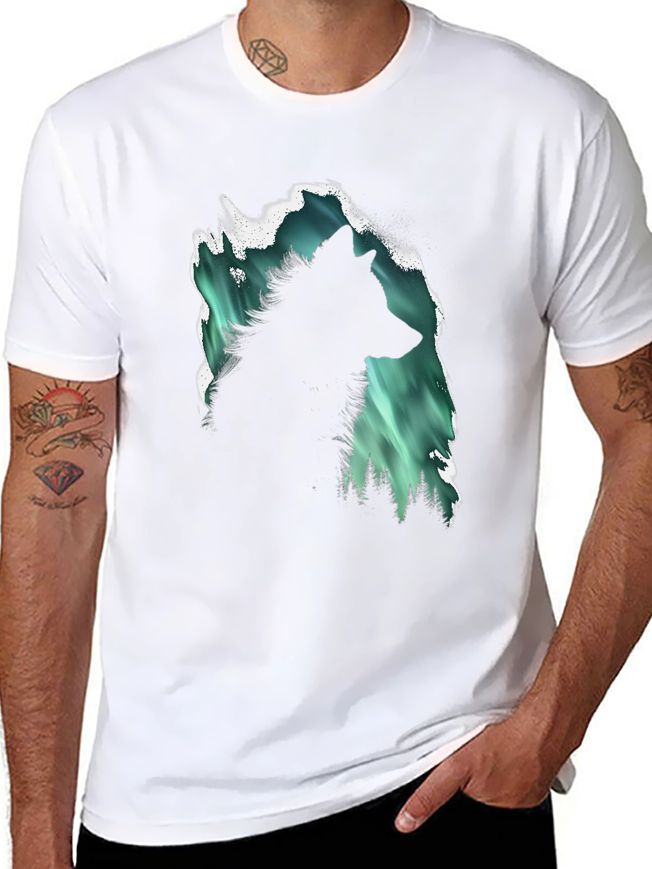 Wolf Aurora Borealis Graphic Black T-Shirt