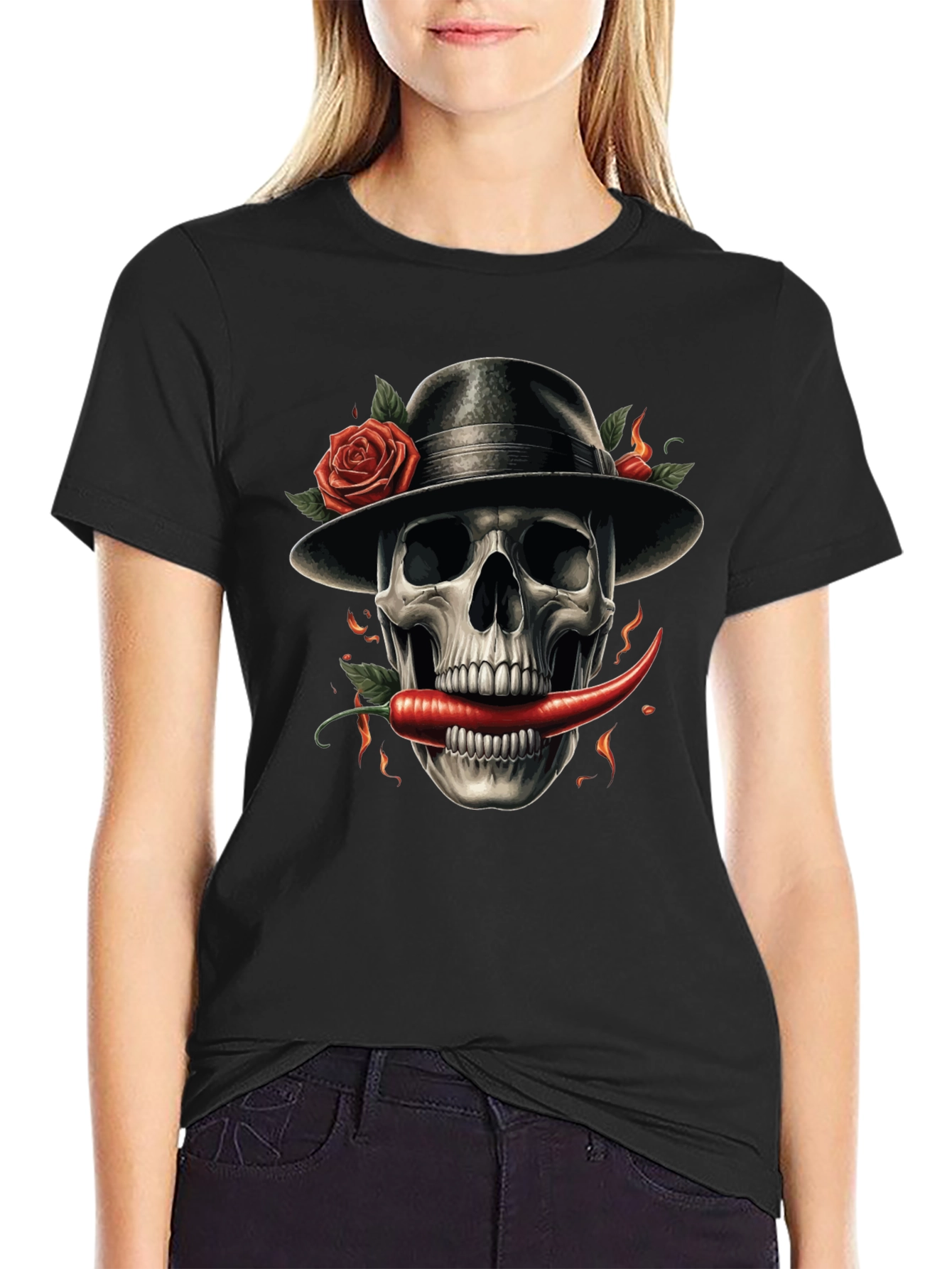 Skull with Pepper & Roses Graphic Tee