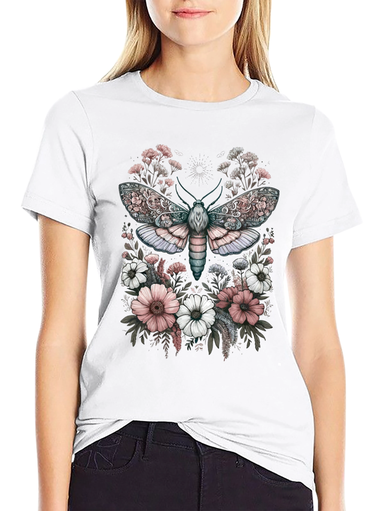 Floral Moth Graphic Tee - Unique Design