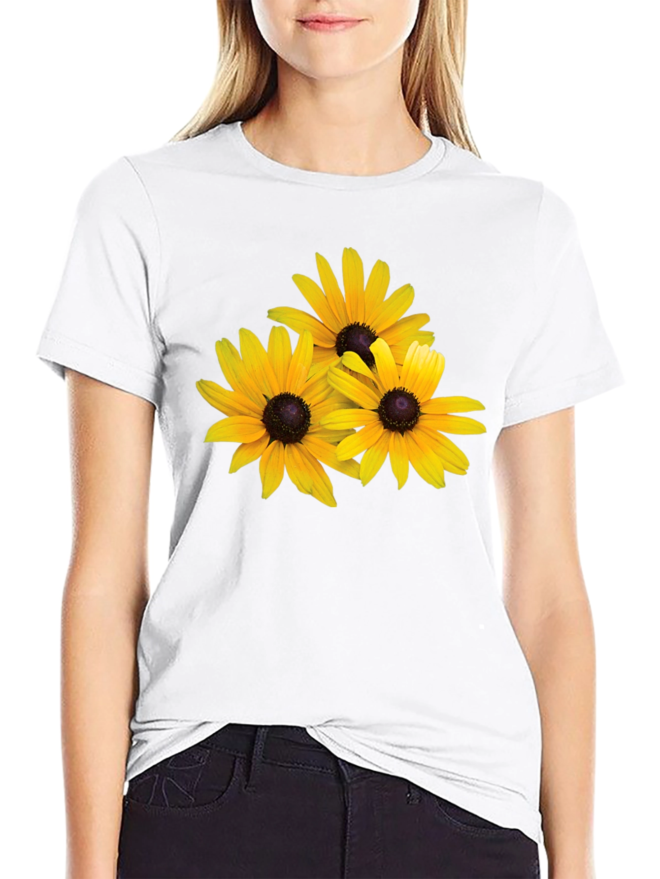 Black T-Shirt with Yellow Daisy Floral Design