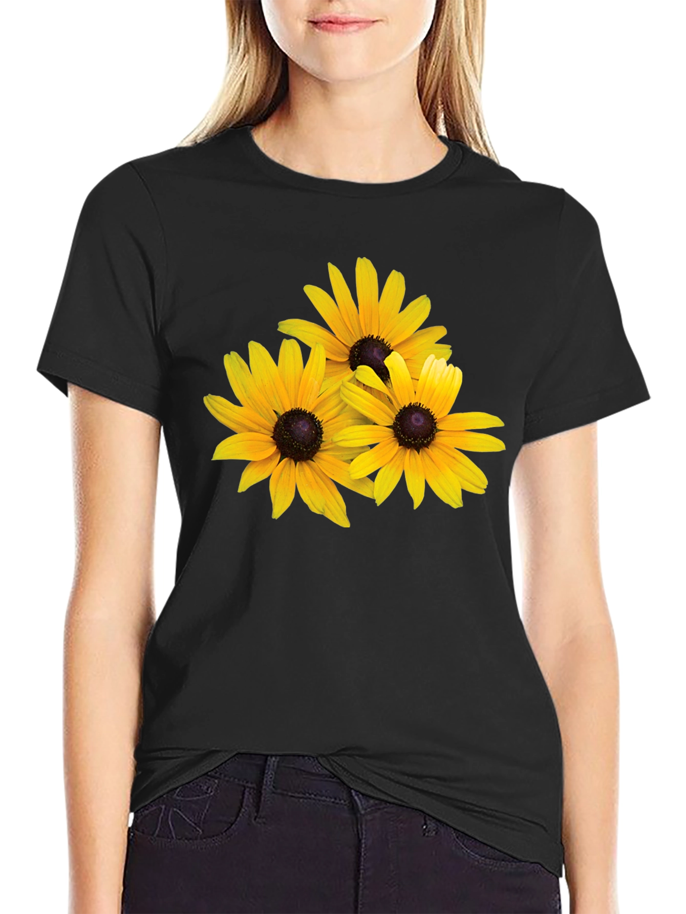 Black T-Shirt with Yellow Daisy Floral Design