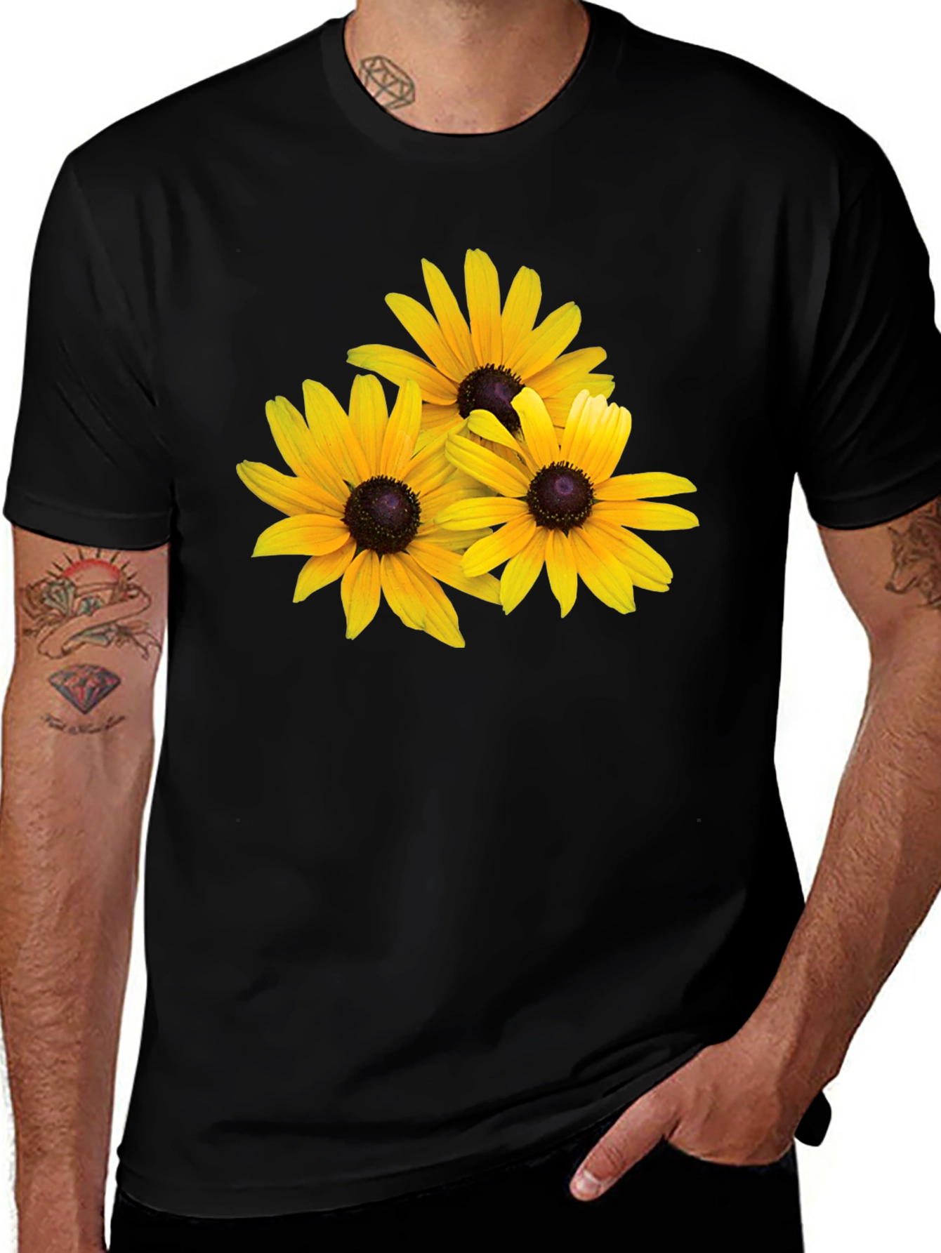 Black T-Shirt with Yellow Daisy Floral Design