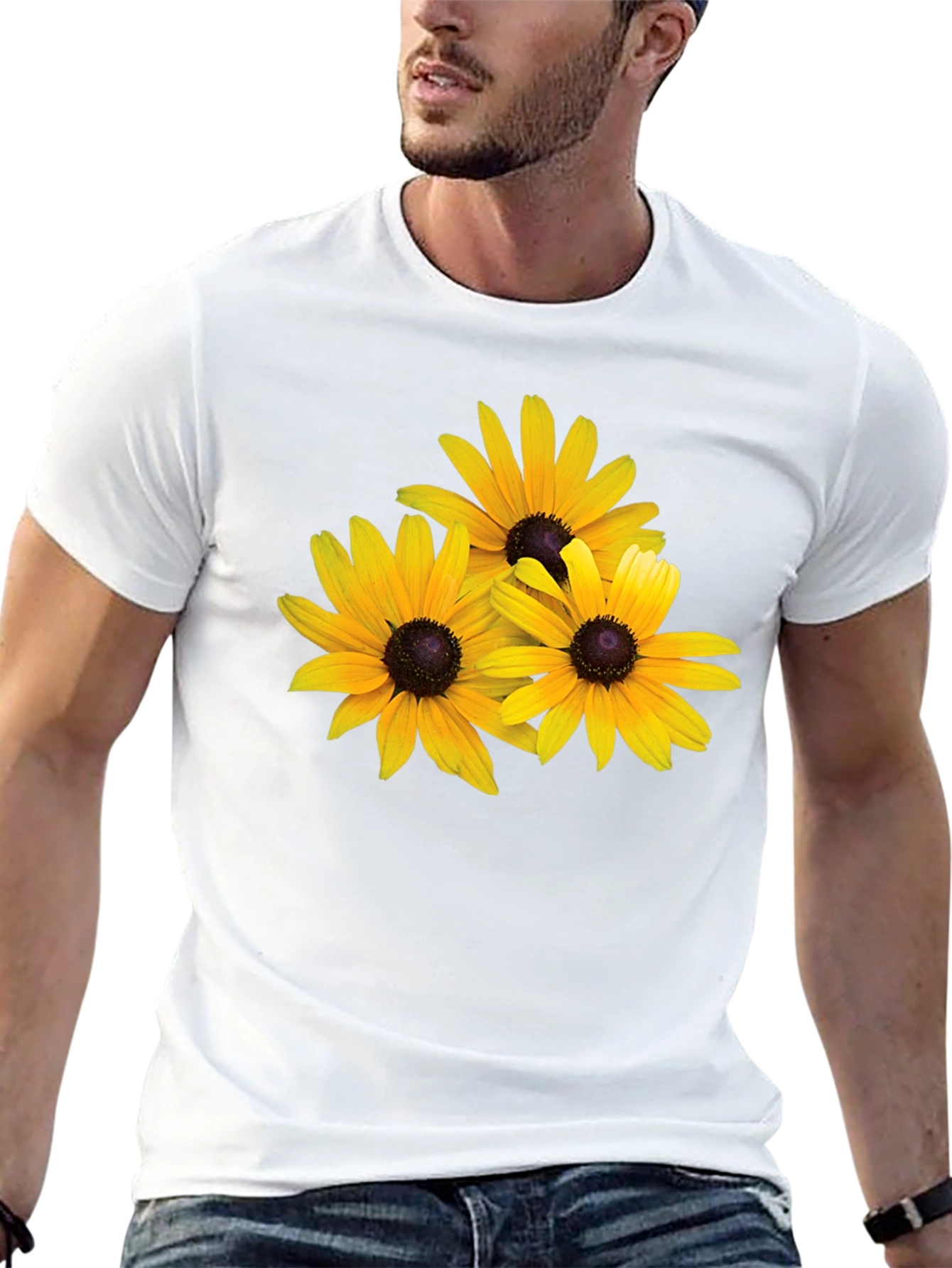 Black T-Shirt with Yellow Daisy Floral Design