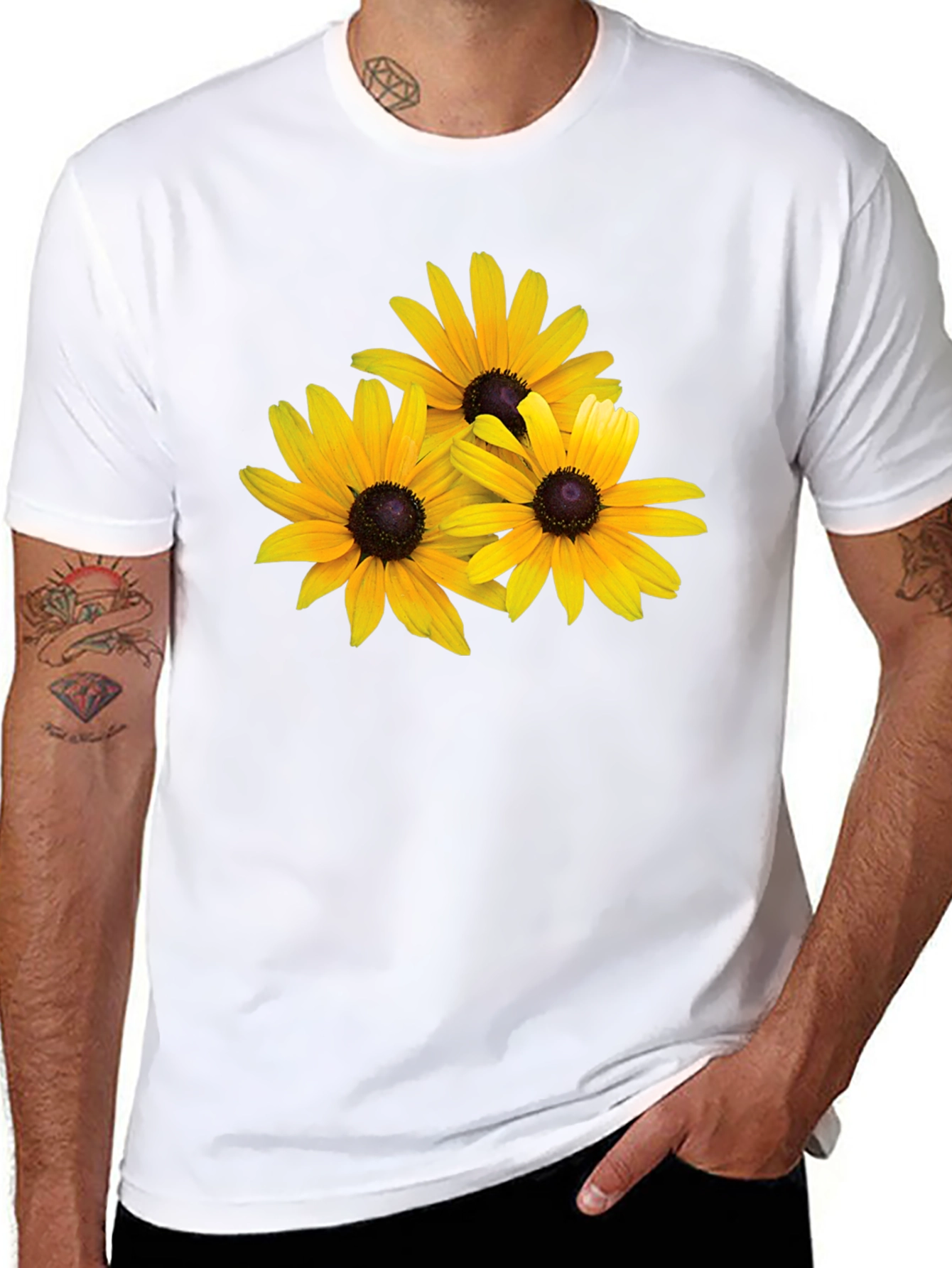 Black T-Shirt with Yellow Daisy Floral Design