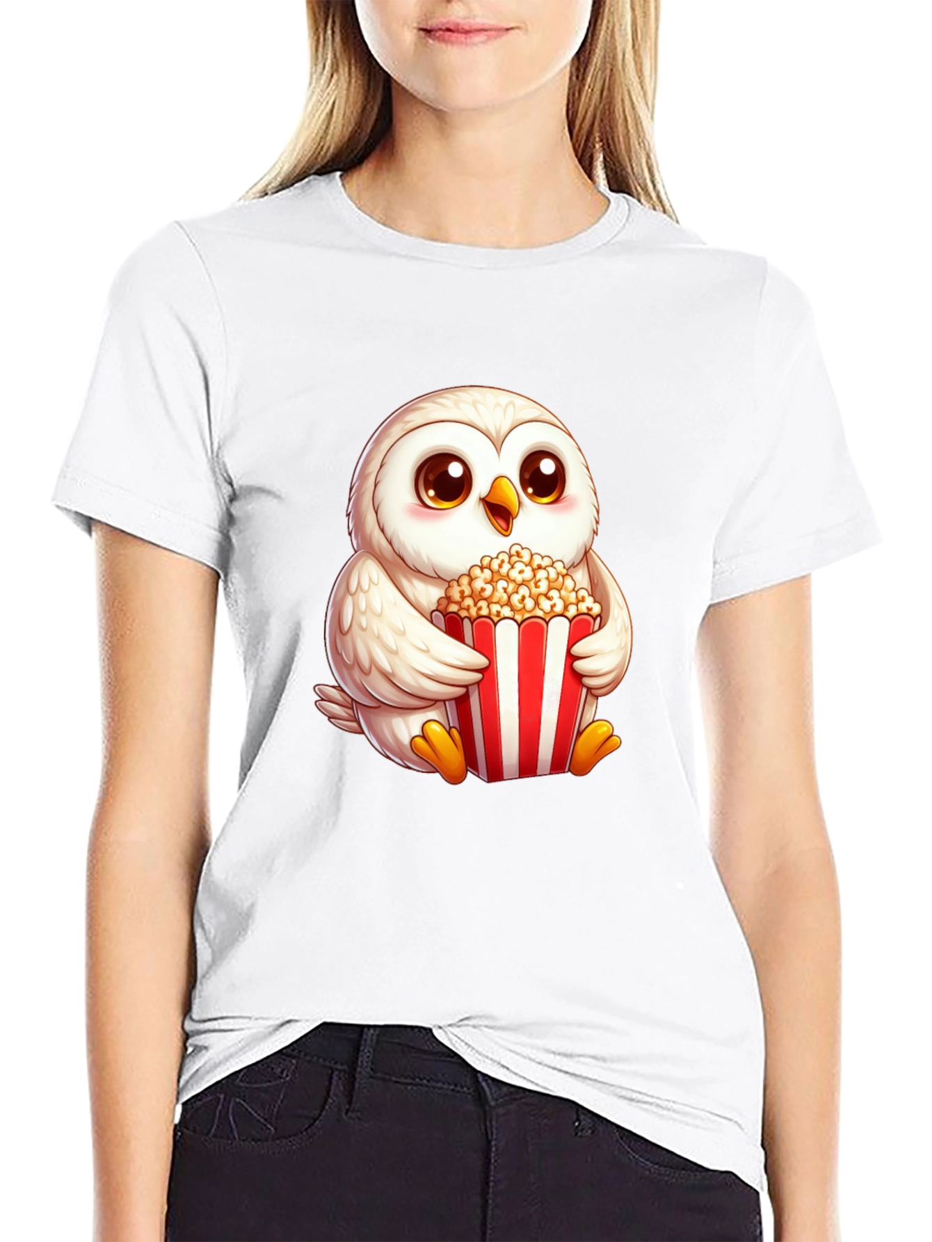 Cute Owl Eating Popcorn Graphic Tee