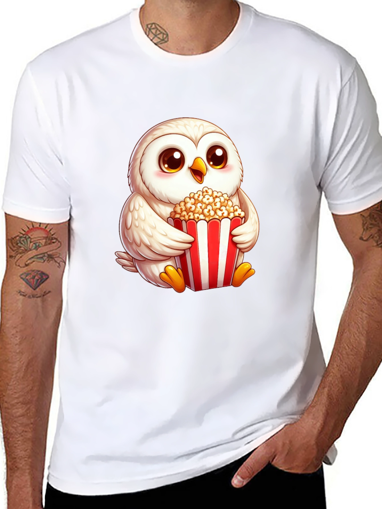 Cute Owl Eating Popcorn Graphic Tee