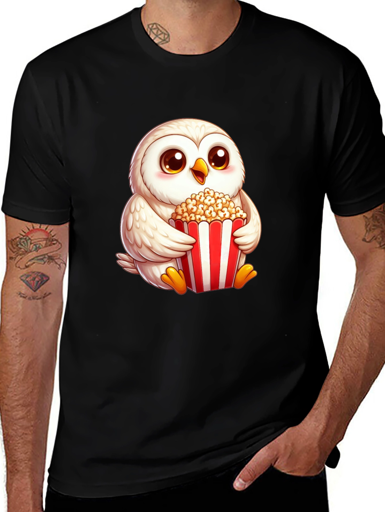 Cute Owl Eating Popcorn Graphic Tee