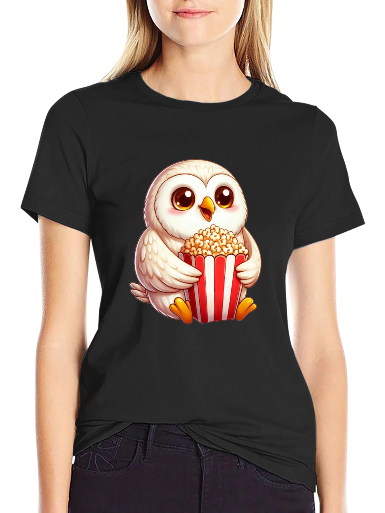 Cute Owl Eating Popcorn Graphic Tee