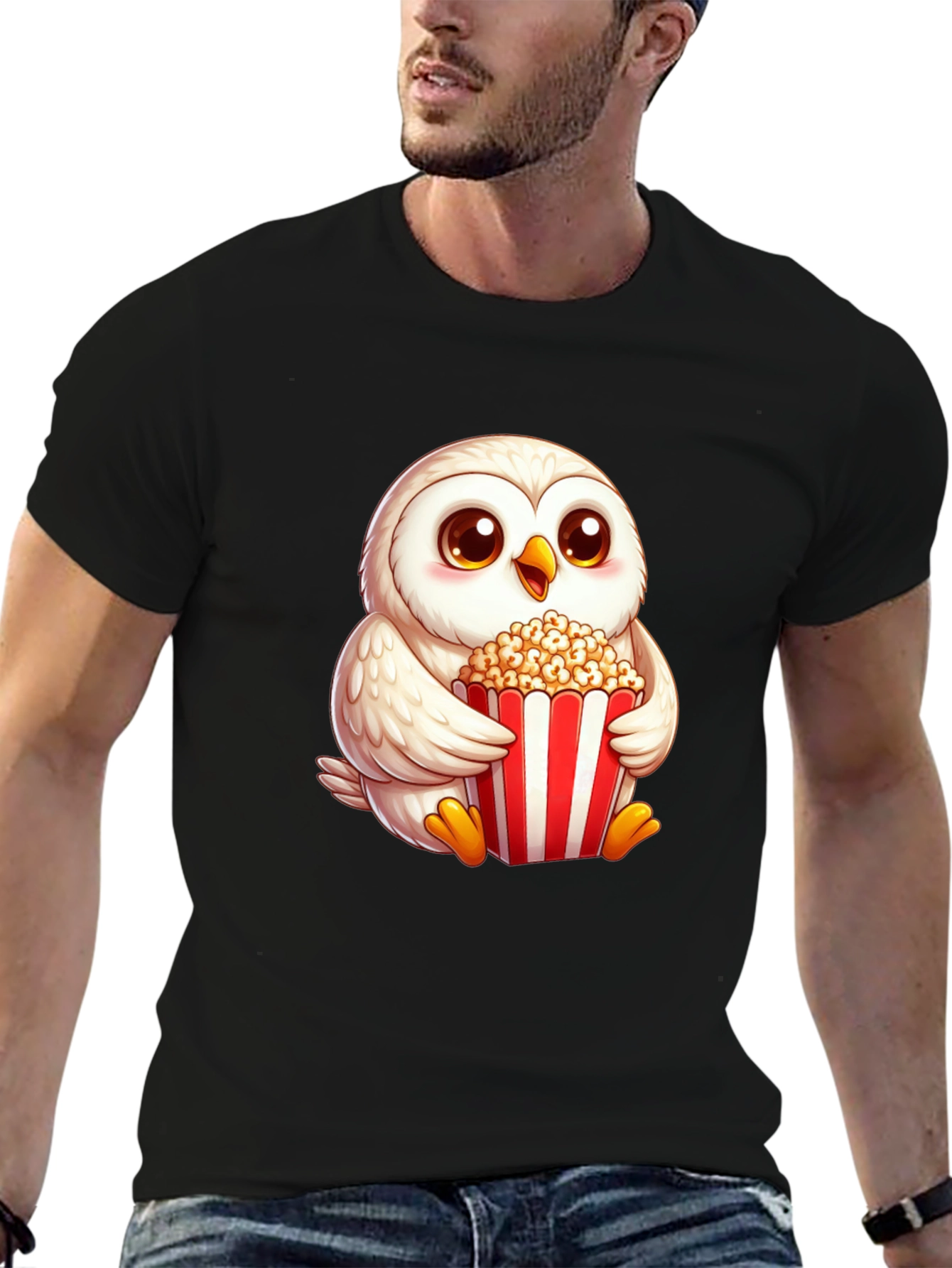 Cute Owl Eating Popcorn Graphic Tee