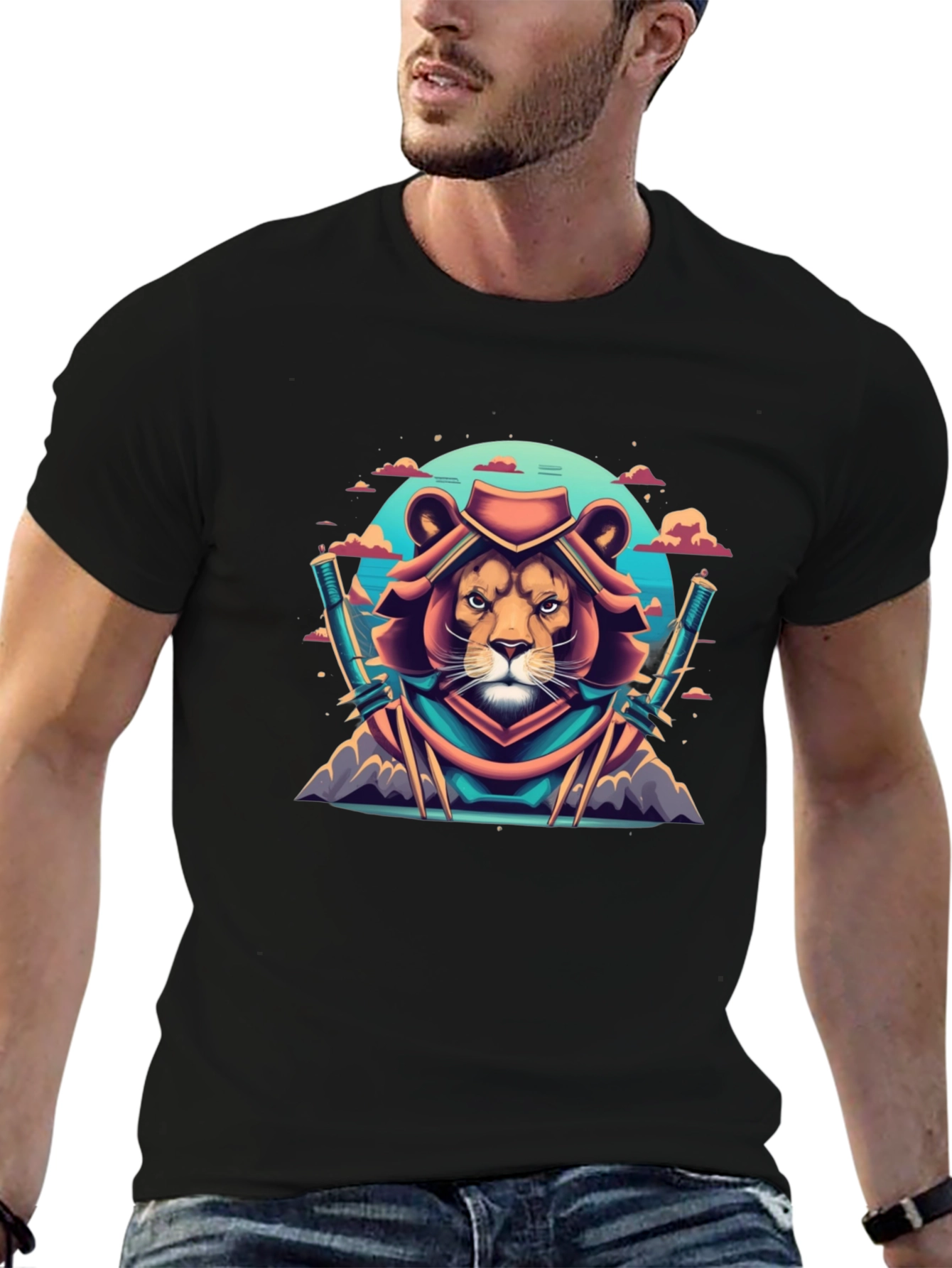 Lion Samurai Graphic Tee - Black Cotton T-Shirt
