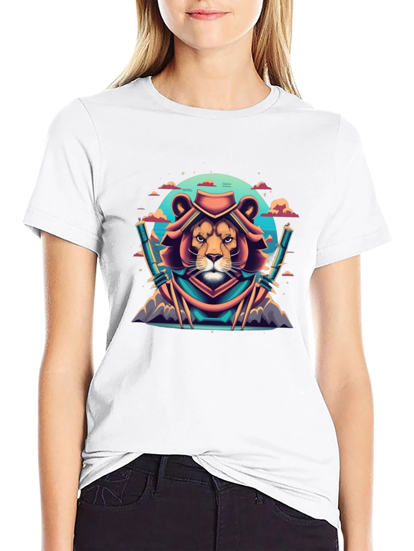 Lion Samurai Graphic Tee - Black Cotton T-Shirt